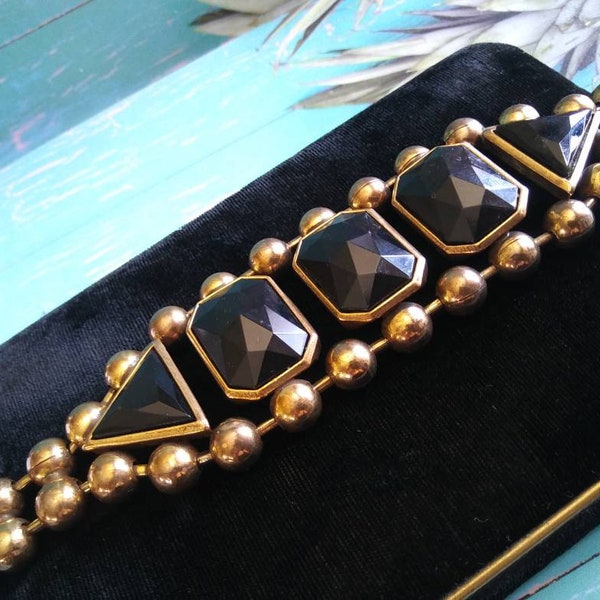 ALEXIS KIRK Designer Signed Vintage Chunky Wide Black Bracelet, Retro Collectible High End Jewelry, Designer Black & Gold Accessories