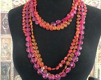 Long pink & orange flapper length statement necklace, 52 inches long, fun pop of color, gift for jewelry lover, vintage present