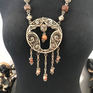 Vintage Chunky Boho Pendant Necklace, 1970&#39;s Ethnic Jewelry, Agate Pendant, Stone Necklace, Statement Jewelry
