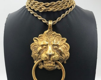 Vintage lion door knocker statement pendant necklace