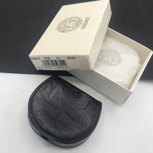 Versace Black Leather Coin Holder Pouch & Original Box, Made In Italy. Unisex Vintage Gift Idea