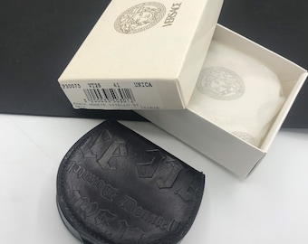 Versace Black Leather Coin Holder Pouch & Original Box, Made In Italy. Unisex Vintage Gift Idea