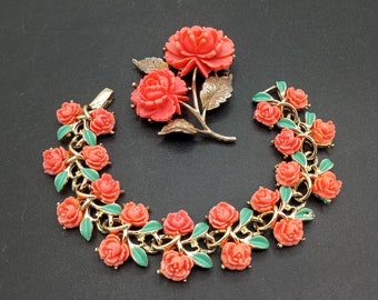 Vintage Orange Flower Bracelet & Brooch Pin Jewelry Set, 1950's 1960's Jewelry, Vintage Jewelry Lot, Vintage Present, Gift for Jewelry Lover