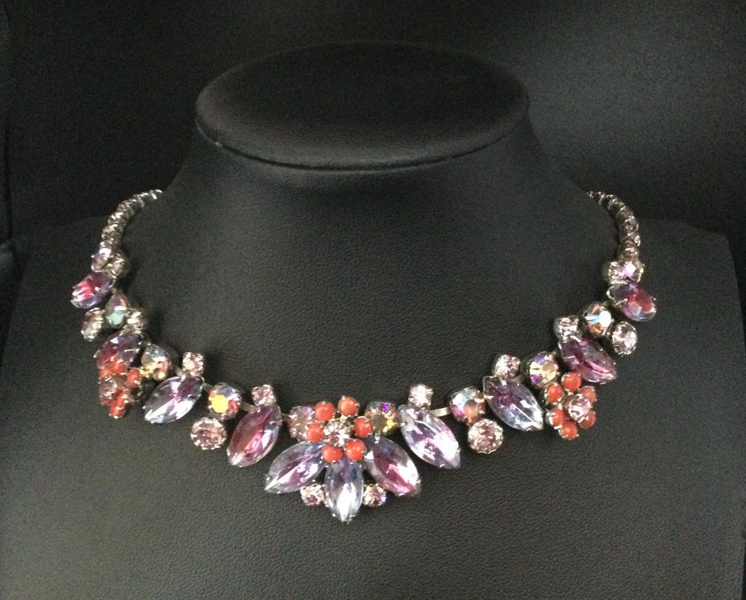 Pink Rhinestone Choker Vintage Lavender Pink Rhinestone Choker Necklace, 1950's 1960's High ...