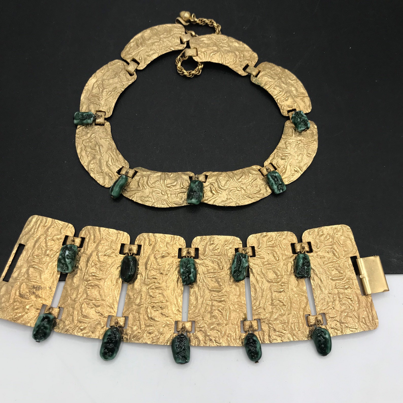 Vintage Jewelry Set Chunky Wide Gold Tone Necklace Bracelet Etsy