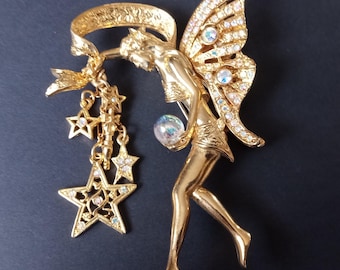 Kirks Folly Vintage Rhinestone Fairy Star Brooch Pin 1980's 1990's Jewelry