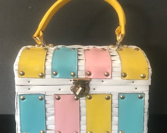 HONG KONG white & yellow wicker top handle box purse, cute bright summery leather purse collectible handbag