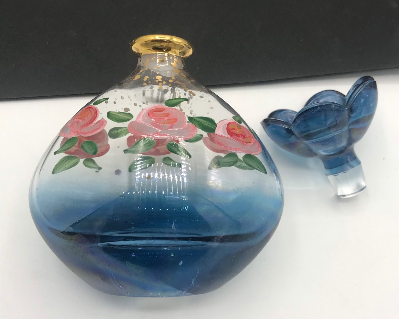 Vintage Pink Flower Perfume Bottle Aqua Glass Hand Painted Etsy