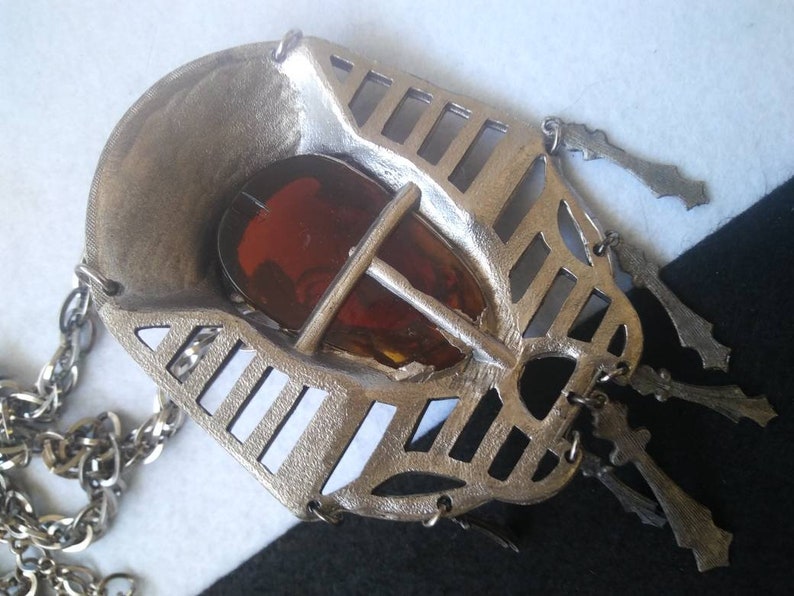 Egyptian Revival faux Amber silvertone metal large pendant mid-century necklace