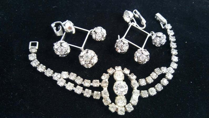 1950/'s High End Hard To Find Rare Jewelry Old Hollywood Glamour Vintage Rhinestone Dangle Earring /& Chunky Bracelet Lot