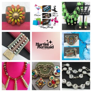 May include: A collage of vintage jewelry from Martini Mermaid Vintage Shop. Featured items include a flower-shaped cuff bracelet, beaded necklaces, and rhinestone bracelets. The image also includes a logo and text that says "Celebrate!" and "Vintage Jewelry."