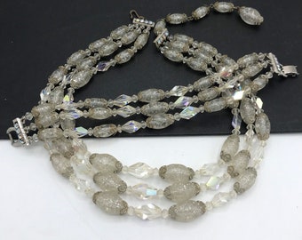 3 Piece Glass & Lucite Jewelry Set - Vintage Parure - Rhinestone Necklace Bracelet Jewelry Set - 3 Strand Necklace - Holiday Gift