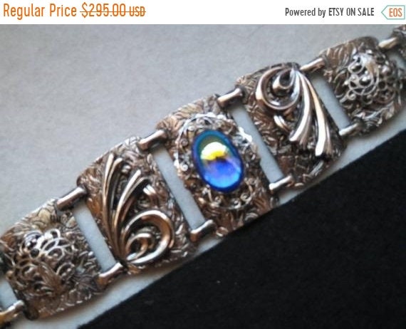 60s Wide Silvertone Links Black Glass Cabochons Bracelet