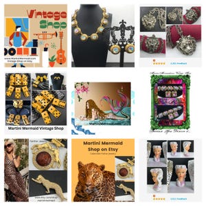 Peut inclure: Un collage d'articles vintage de Martini Mermaid Vintage Shop sur Etsy. L'image comprend des bijoux, une illustration de sir&egrave;ne, des dominos et des bustes d&eacute;coratifs. Le texte "Vintage Shop" et "Martini Mermaid" sont visibles.