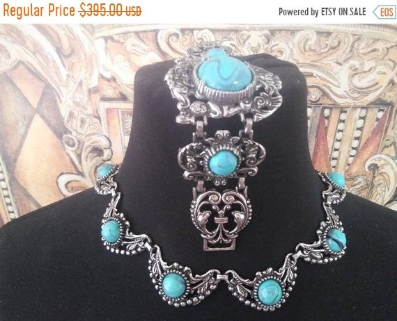 Vintage faux turquoise jewelry set, 1960s chunky w