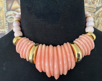 Vintage Peach Lucite Rhinestone Gold Tone Metal Chunky Choker Necklace, 1950's 1960's Jewelry