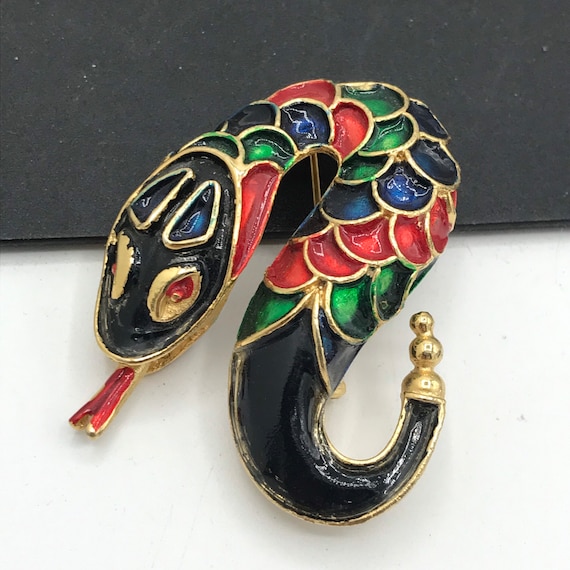 Vintage Black Red Green Enamel Snake Brooch - Ret… - image 6