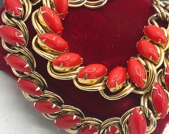 Red Rhinestone Necklace Bracelet Set Vintage Collectible 1960's 1970's Costume Jewelry