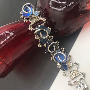 Vintage Chunky Blue Rhinestone Bracelet, 1950s 1960s Collectible Fashion Costume Jewelry Gift for Her