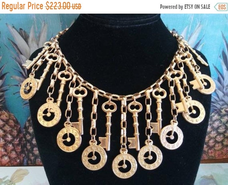 Stylish Vintage Key Clock Charm Bib Statement Pendant Fringe Etsy