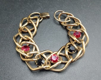 Vintage Black & Red Rhinestone Chunky Chain Bracelet, New Old Stock 1970's 1980's Jewelry