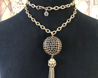 Very pretty high-end black rhinestone ball tassel necklace, gold tone chunky chain jewelry