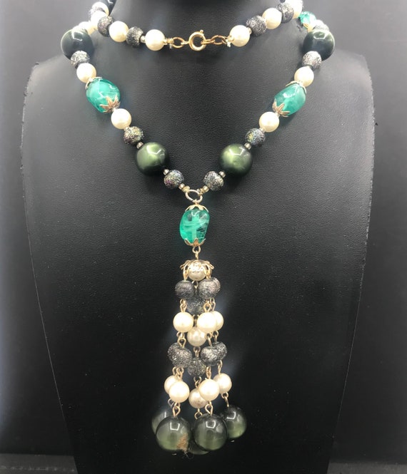 Vintage Aqua Necklace, Beaded Tassel Fringe Neckl… - image 3