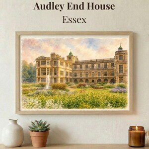 May include: A framed watercolor print of Audley End House in Essex. The artwork depicts the historic building with a fountain and colorful flower beds in the foreground. The print is displayed on a wooden shelf with a white vase, a potted succulent, and a lit candle.