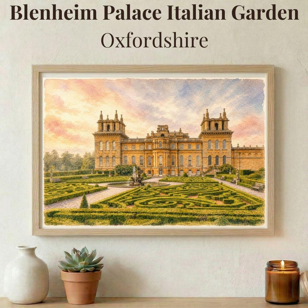 Blenheim Palace Italian Garden Watercolor Print, English Country House Wall Art, Baroque Architecture Decor