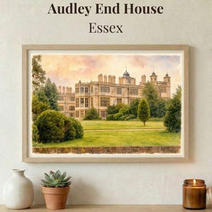 May include: A framed watercolor print of Audley End House in Essex. The artwork depicts a large, stately building with multiple chimneys and towers, surrounded by green lawns and trees. The text "Audley End House Essex" is at the top.