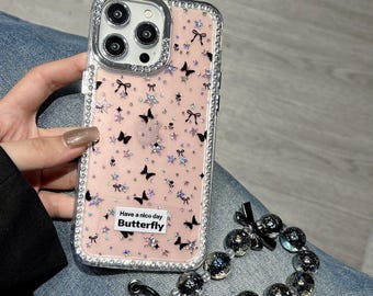 Butterfly iPhone Case with Wrist Strap | Cute Pink Phone Case | Rhinestone Protective Cover | Sparkly iPhone Cover