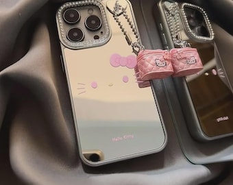 Mirror Cute Cat Phone Case with Charm Strap, Sparkly Camera Frame, Protective Cover for iPhone Gift for Girls and Teens.