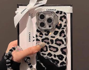 Leopard Print iPhone Case with Wrist Strap | Iphone cover with stand |Luxury Animal Print Phone Case | Shockproof Protective Cover