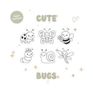 Puede incluir: Una descarga digital con seis ilustraciones de bichos lindos en blanco y negro. Los bichos incluyen una mariquita, una mariposa, una abeja, una oruga, un caracol y una libélula. También se muestran las palabras "CUTE" y "BUGS".