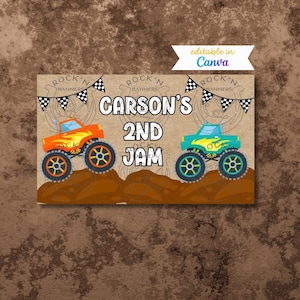 May include: A rectangular banner with a brown background features two monster trucks, one orange and one teal, on a brown mound. The text "CARSON'S 2ND JAM" is displayed in the center, with checkered flags above. The banner is editable in Canva.