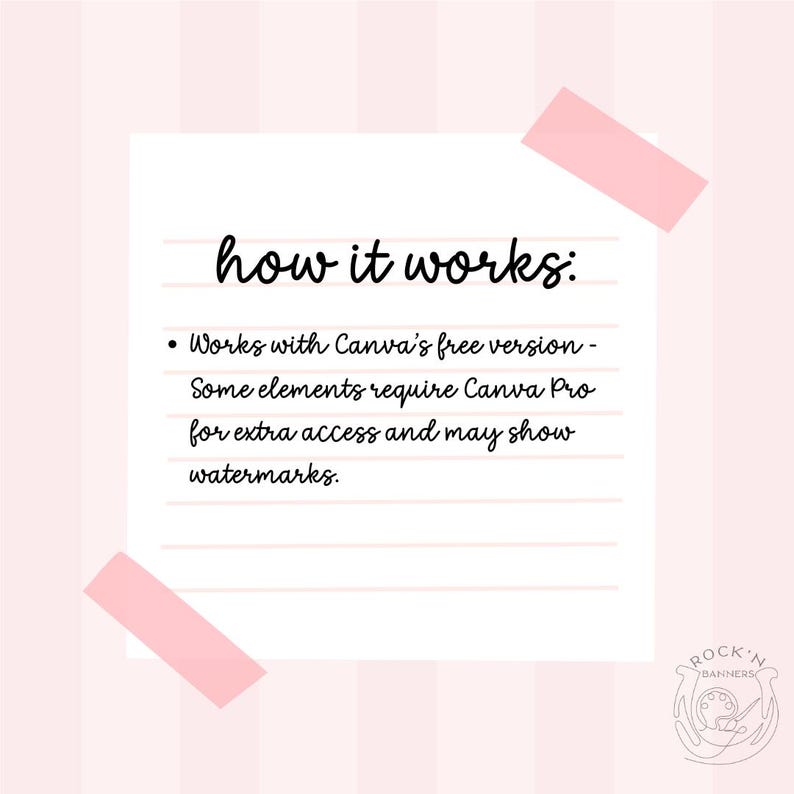 Puede incluir: Un bloc de notas blanco con el texto "how it works:" en escritura negra, con vi&ntilde;etas que explican las versiones gratuita y Pro de Canva. Cinta adhesiva rosa asegura el bloc de notas a un fondo a rayas rosas. El logotipo de Rock'N Banners est&aacute; en la esquina inferior derecha.
