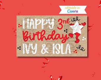 May include: A rectangular kraft paper sign featuring the white text "HAPPY" and "IVY & ISLA" with the red text "3rd Birthday" in the center. A red cartoon character with a white star shape is on the right, with black and red confetti accents.