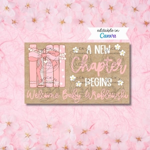 May include: A kraft paper design with pink text and illustrations. The text reads "A New Chapter Begins" and "Welcome Baby Wrocki". The design includes horseshoe and floral elements, with the text "editable in Canva".