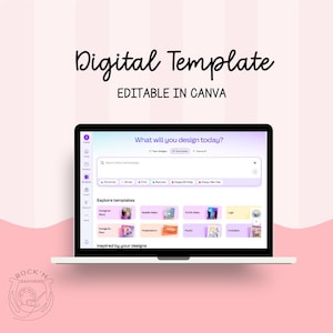 Puede incluir: Un ordenador port&aacute;til que muestra una interfaz de plantilla digital con el texto "Digital Template EDITABLE IN CANVA". La pantalla muestra opciones de dise&ntilde;o, incluyendo plantillas de Instagram Story, Mobile Video y TikTok Video. El fondo es rosa.