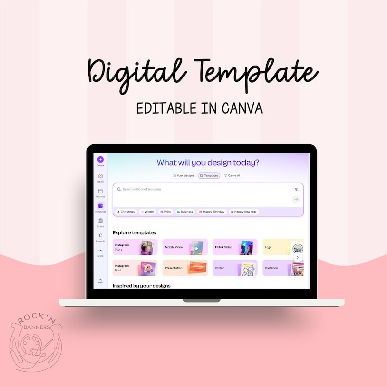 Puede incluir: Un ordenador port&aacute;til que muestra una interfaz de plantilla digital con el texto "Digital Template EDITABLE IN CANVA". La pantalla muestra opciones de dise&ntilde;o, incluyendo plantillas de Instagram Story, Mobile Video y TikTok Video. El fondo es rosa.