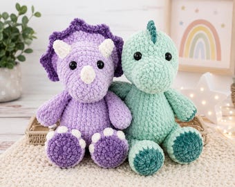 PDF de ganchillo de dinosaurios / Tutorial de amigurumi de estegosaurio y triceratops / Paquete de patrones de dinosaurios de peluche