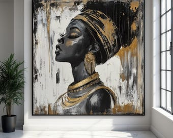 Abstract African Woman Gold Portrait Canvas, Ethnic Home Art