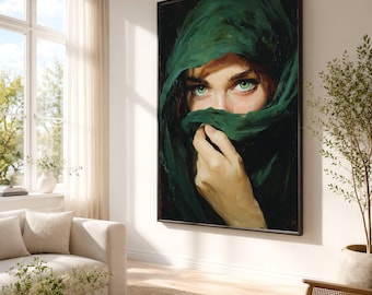 Portret op canvas met groene ogen, raadselachtige vrouw als wanddecoratie.