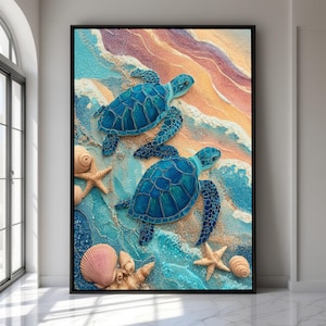 Ocean Blue Turtles Canvas Wall Art, Sea Life Decor, Coastal Beach Canvas, Marine Animal Painting, Nautical Home Decoration