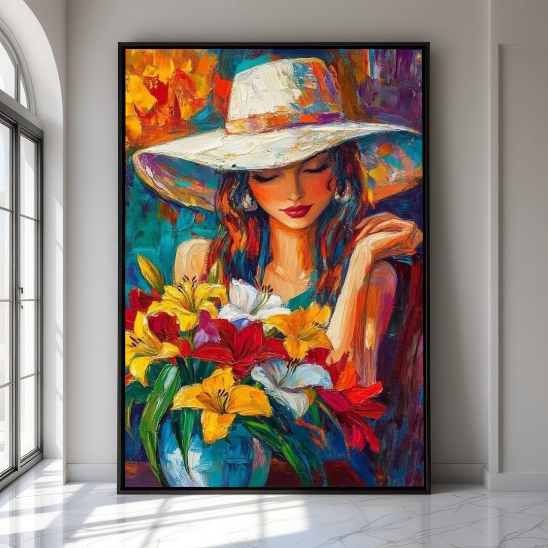 Elegant Woman With Wide Brim Hat, Colorful Lily Bouquet Canvas ...