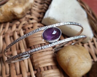 Handgemaakte amethist manchetarmband, sterlingzilveren armband, verstelbare sieraden