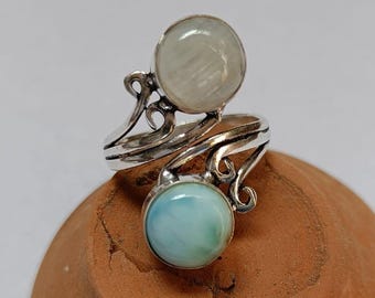 Rainbow Moonstone Larimar Ring, Sterling Silver, Handmade Boho Jewelry