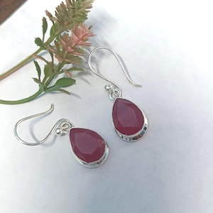 Handmade Dainty Sterling Silver Red Ruby Drop Earrings