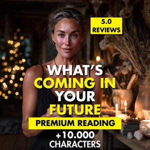 May include: A woman in a black dress is the focal point of this image, with text overlayed in yellow and white. The text reads "WHAT'S COMING IN YOUR FUTURE" and "PREMIUM READING +10.000 CHARACTERS". A yellow box in the corner says "5.0 REVIEWS".