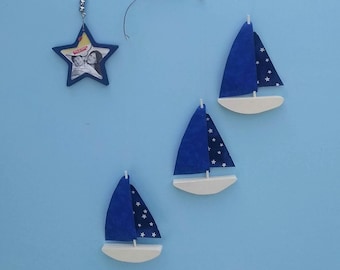 SAILBOAT MOBILE  w Photo Star,C32,3ct,Baby Mobile,Sailboat,Personalize,Navy,Blue,Stars,Picture Holder,Nursery,Mobiles,Nautical,Child's Decor